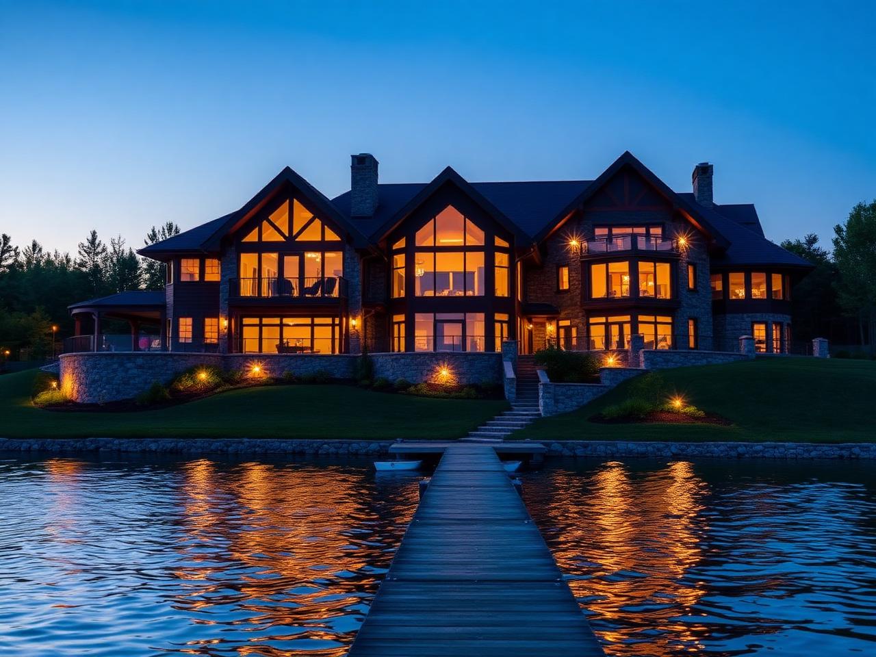 Luxury lakefront home at twilight in Minnesota